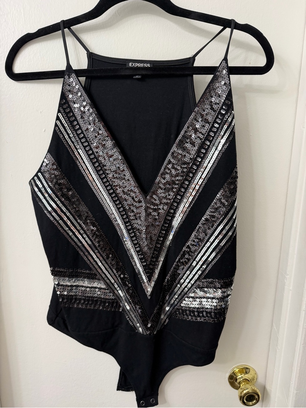 Express Black Sequin V-Neck Bodysuit with Silver Accents